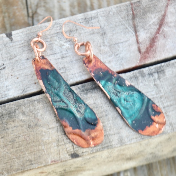 Conceptual Subculture Jewelry - Aqua Blue Red Embossed Copper Dangle Drop Earrings